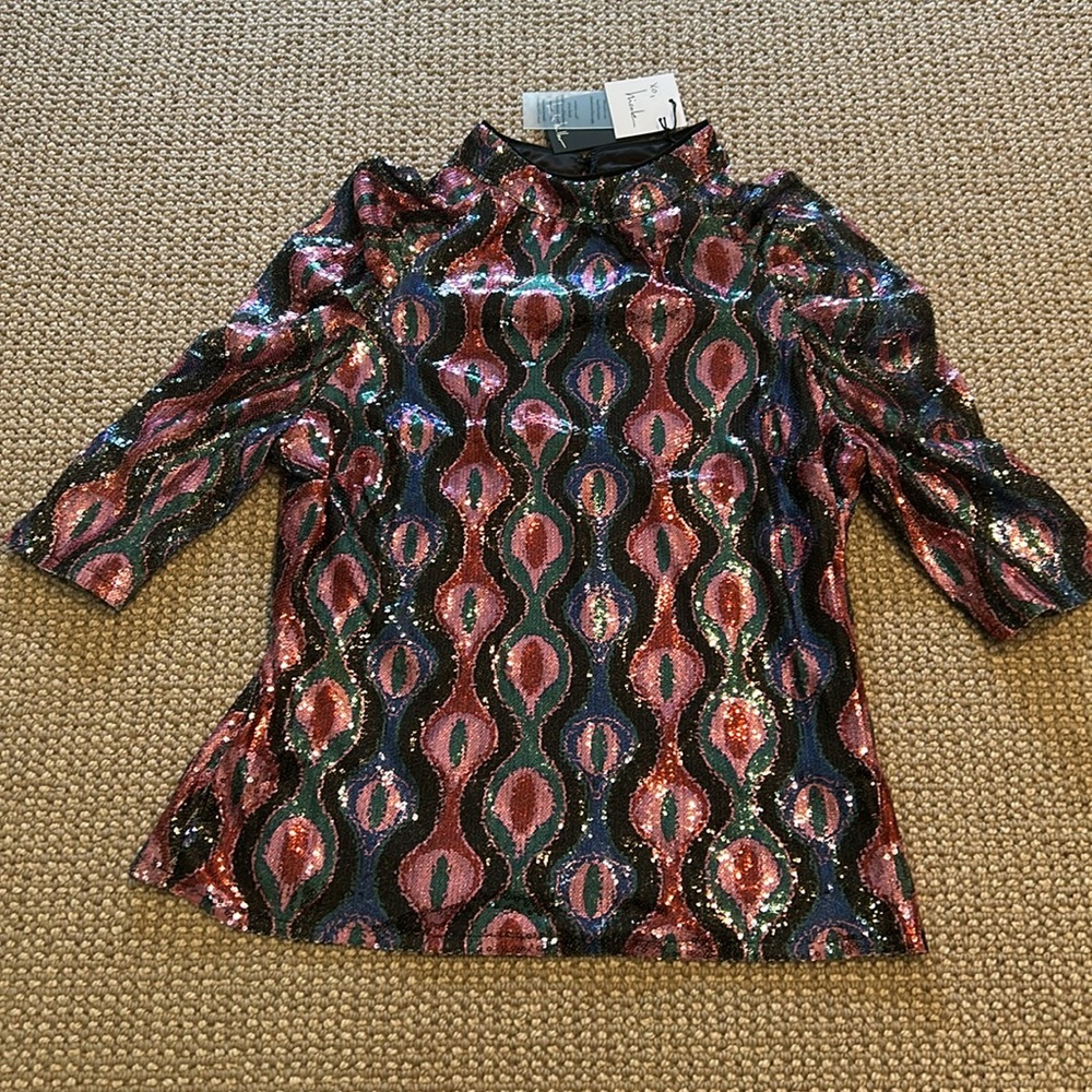 Nicole Miller sequin disco black multicolor geo print top